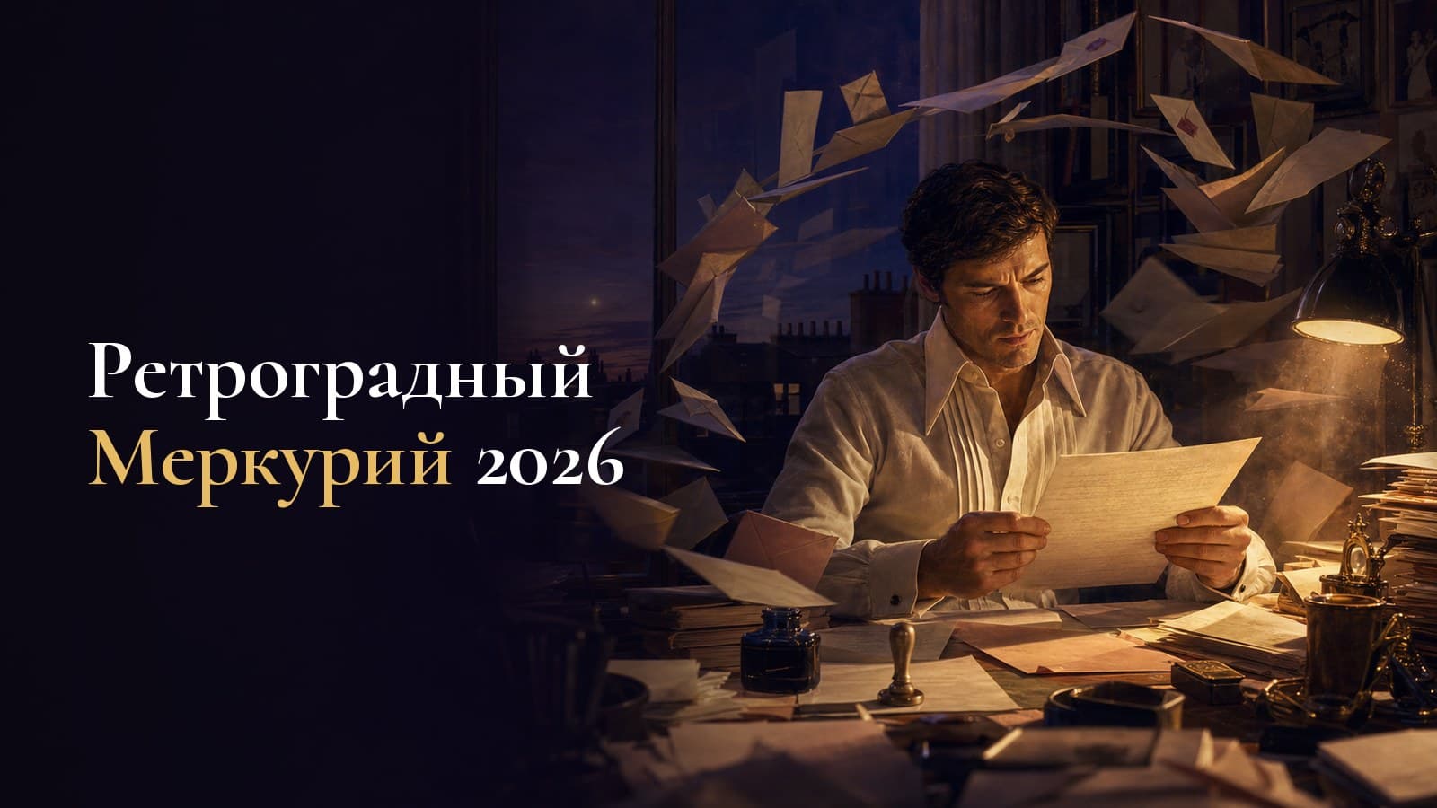 Мужчина за вечерним столом перечитывает письмо среди летящих по петле конвертов, за окном яркая планета над крышами
