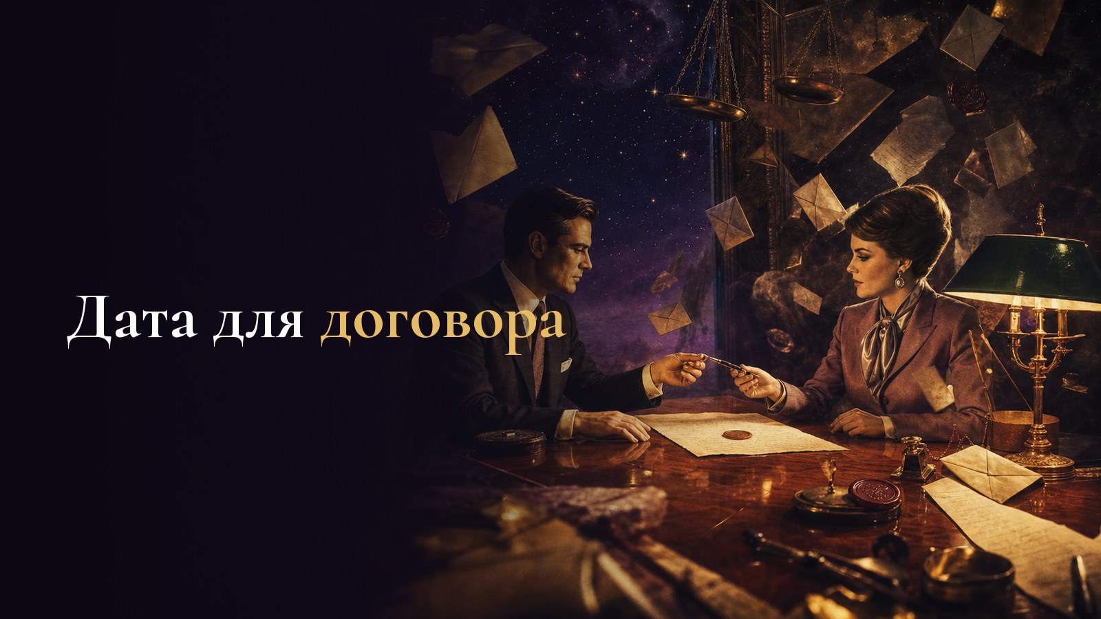 Двое за столом красного дерева передают перьевую ручку над договором, вокруг парят конверты и весы