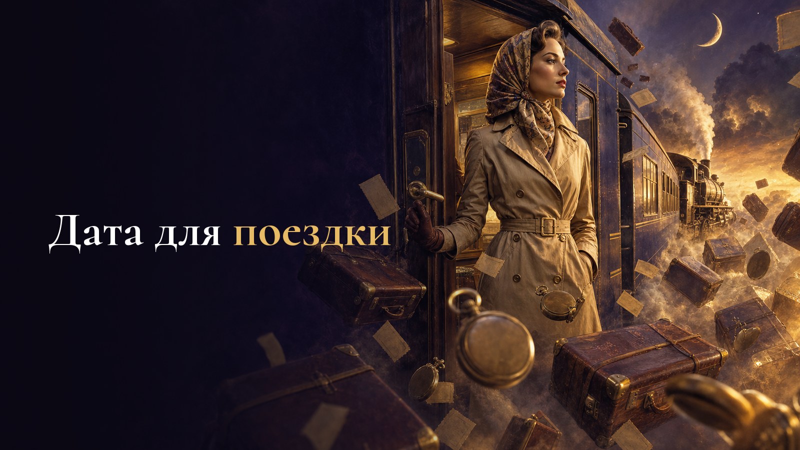 Женщина в дорожном плаще у двери спального вагона среди парящих чемоданов и карманных часов