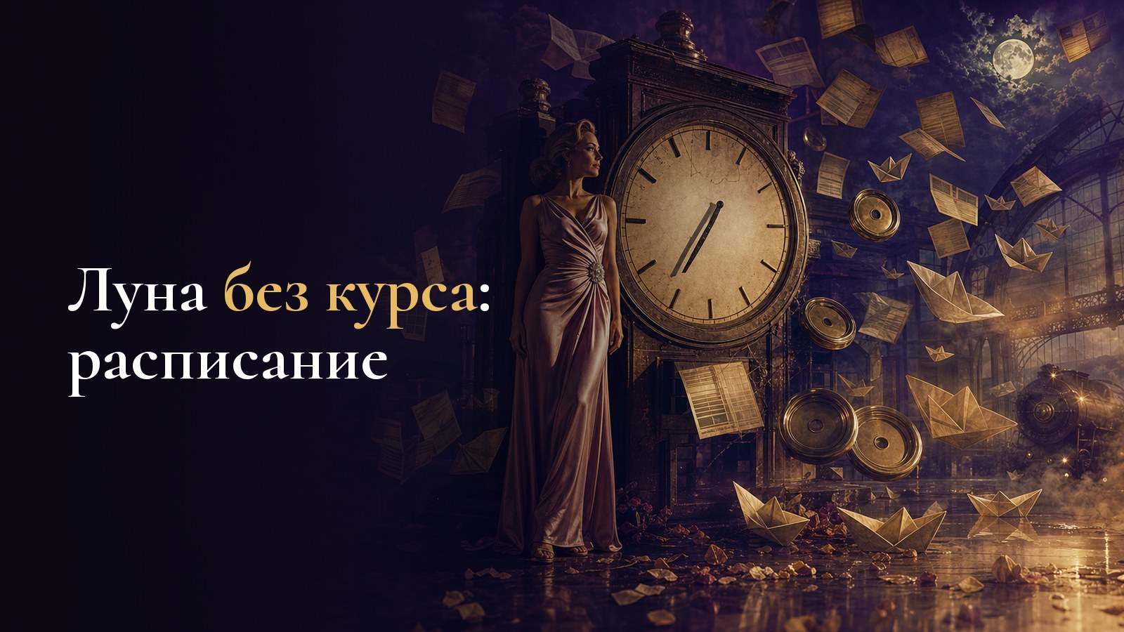 Женщина у остановившихся вокзальных часов среди парящих расписаний и бумажных лодочек
