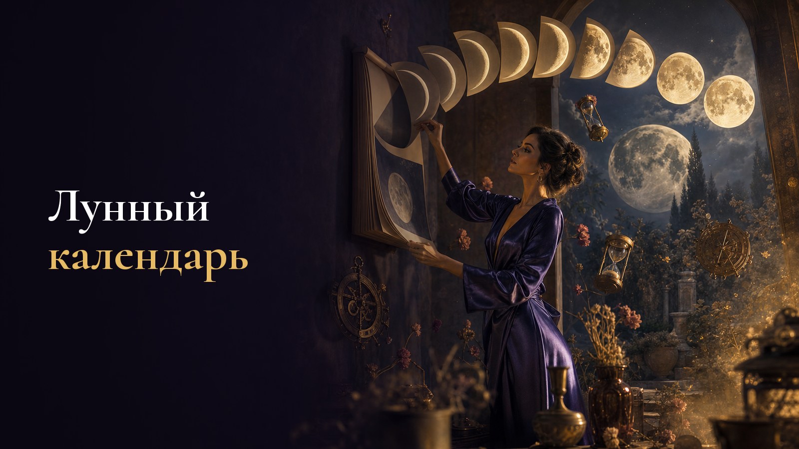 Женщина листает настенный календарь, страницы которого превращаются в фазы Луны над её головой