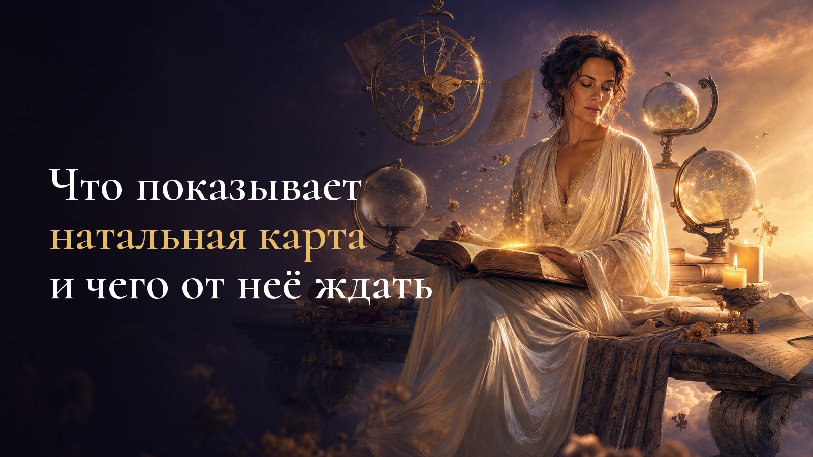 Круг натальной карты: двенадцать секторов, линия горизонта и тонкие линии аспектов между планетами