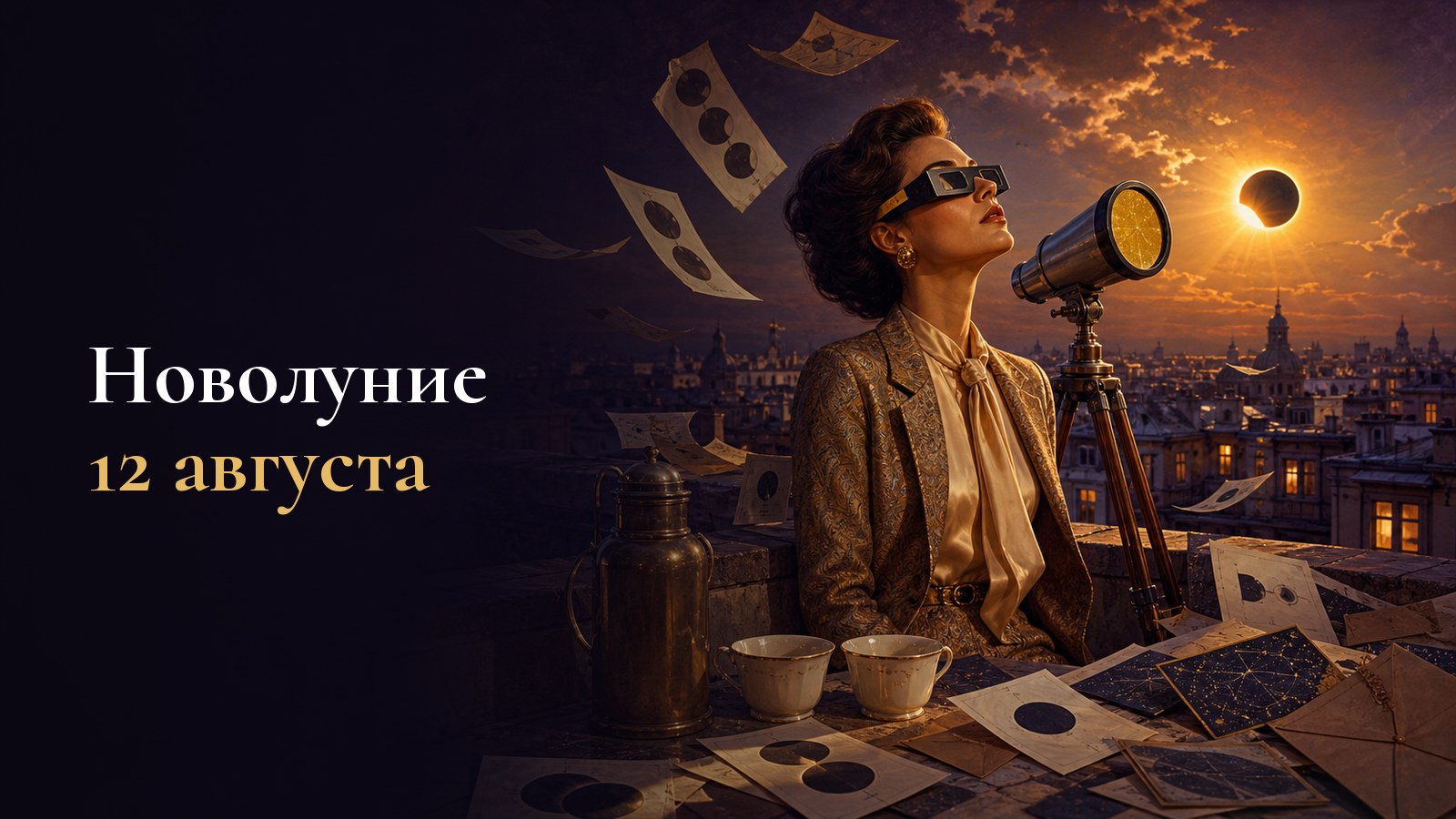 Женщина в очках для наблюдения затмения у телескопа с фильтром на вечерней крыше, над городом Солнце с чёрным диском