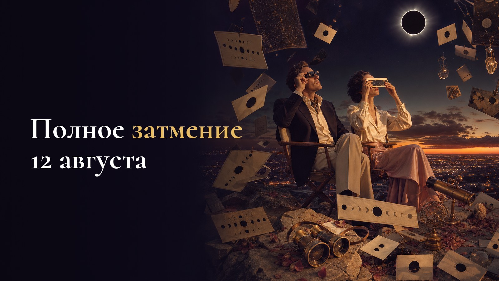 Пара в защитных очках на холме над вечерним городом смотрит на чёрное солнце с короной, вокруг парят схемы фаз затмения