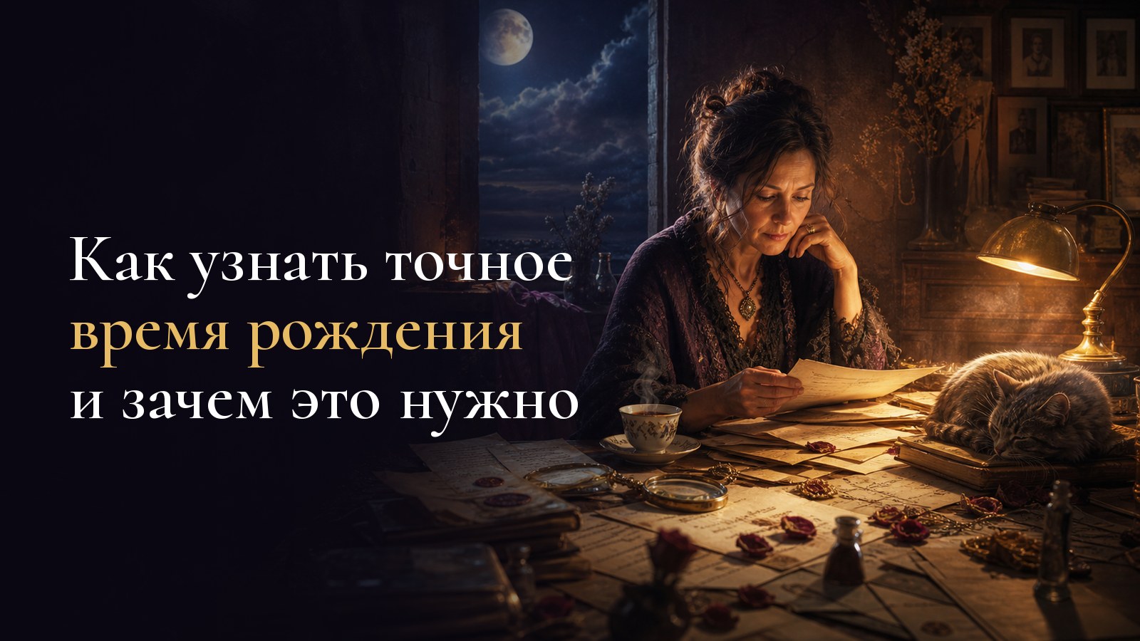 Старая выписка из роддома, бирка новорождённого и настенные часы на тёмном столе рядом с чертежом натальной карты